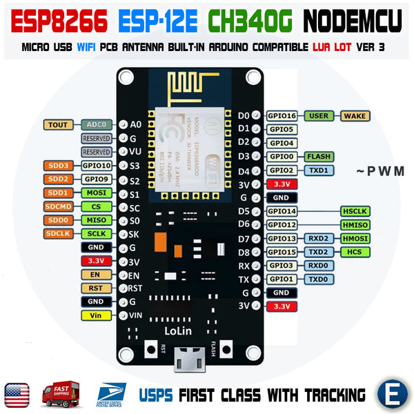 NodeMCU ESP-12E ESP8266 WiFi LUA IoT CH340G V3 New Version Arduino Com ...