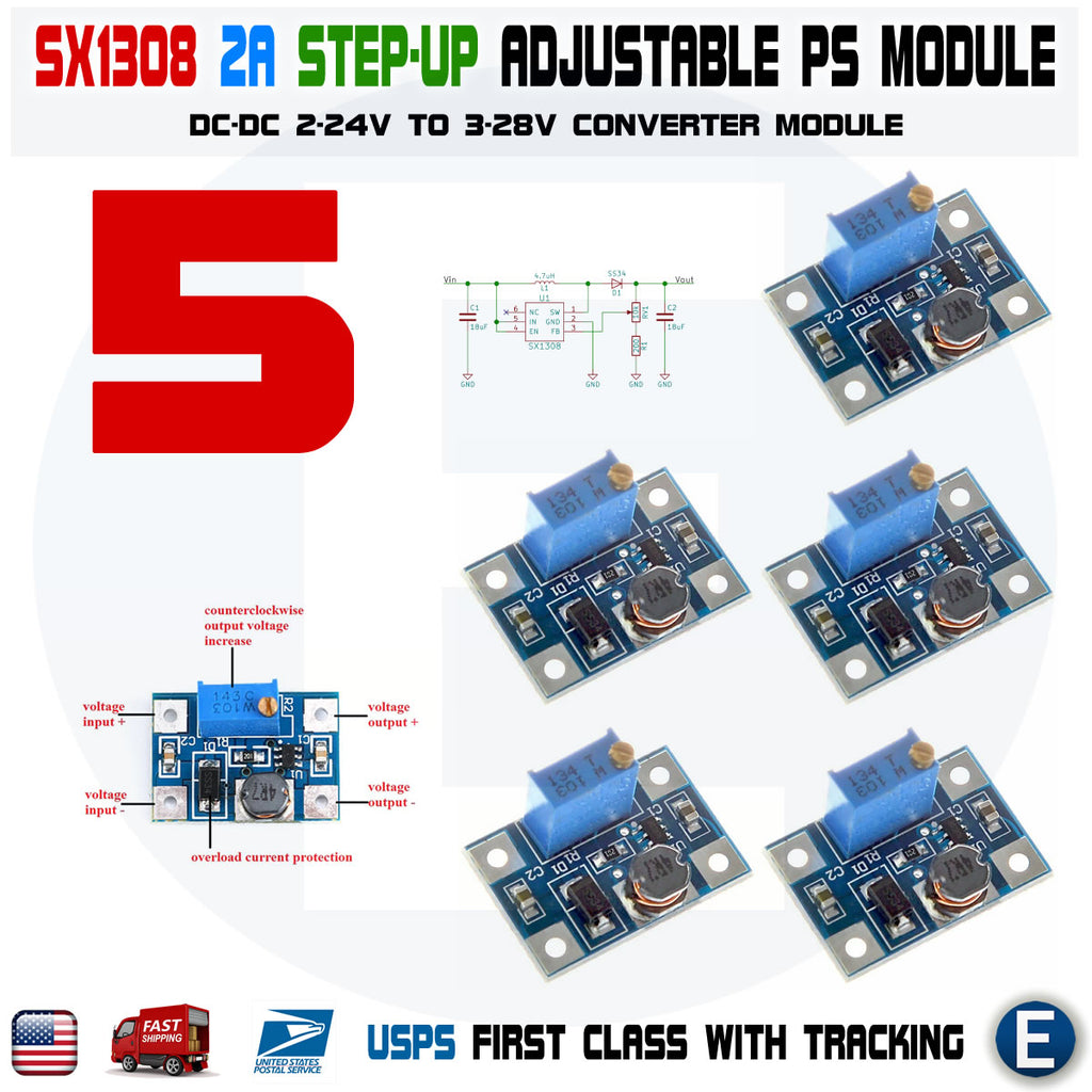 5pcs SX1308 Step-up 2-24V to 3-28V 2A DC-DC Boost Adjustable Power Con –  eElectronicParts
